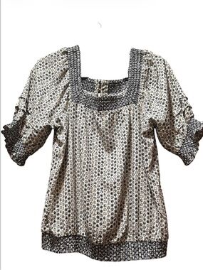 Fat Face Cream and Black Floral Square-Neck Peasant Top